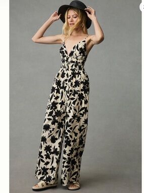 Moon River Printed Smocked-Waist
Jumpsuit Floral Cream and Black
